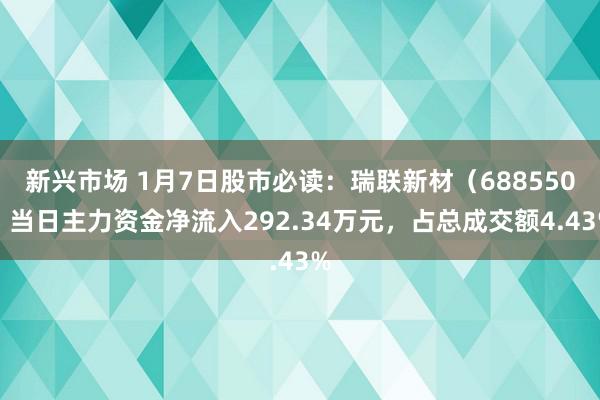 新兴市场 1月7日股市必读：瑞联新材（688550）当日主力资金净流入292.34万元，占总成交额4.43%