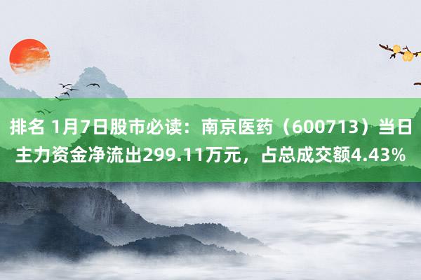 排名 1月7日股市必读：南京医药（600713）当日主力资金净流出299.11万元，占总成交额4.43%