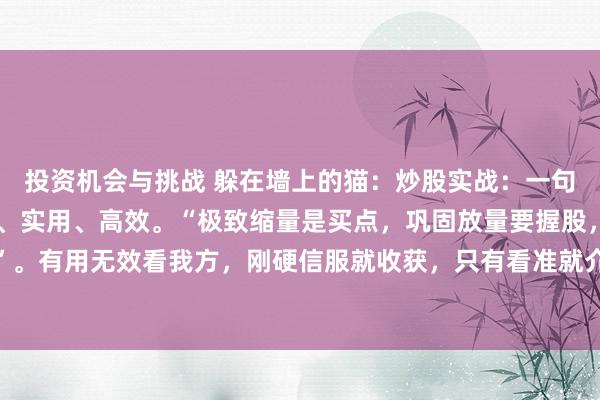 投资机会与挑战 躲在墙上的猫：炒股实战：一句话空洞股票来回？粗浅、实用、高效。“极致缩量是买点，巩固放量要握股，极致放量是卖点”。有用无效看我方，刚硬信服就收获，只有看准就介入，不动如山要拿稳，按着贪图推论走，...