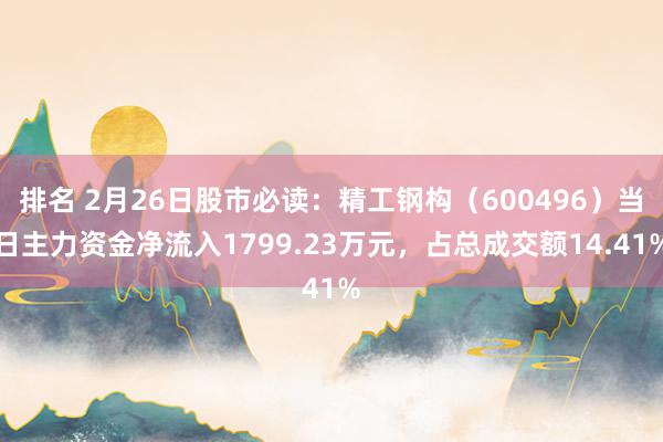 排名 2月26日股市必读：精工钢构（600496）当日主力资金净流入1799.23万元，占总成交额14.41%