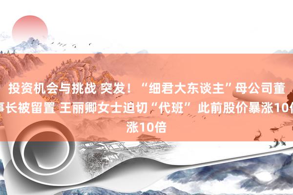 投资机会与挑战 突发！“细君大东谈主”母公司董事长被留置 王丽卿女士迫切“代班” 此前股价暴涨10倍