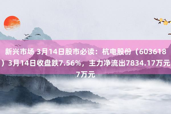 新兴市场 3月14日股市必读：杭电股份（603618）3月14日收盘跌7.56%，主力净流出7834.17万元