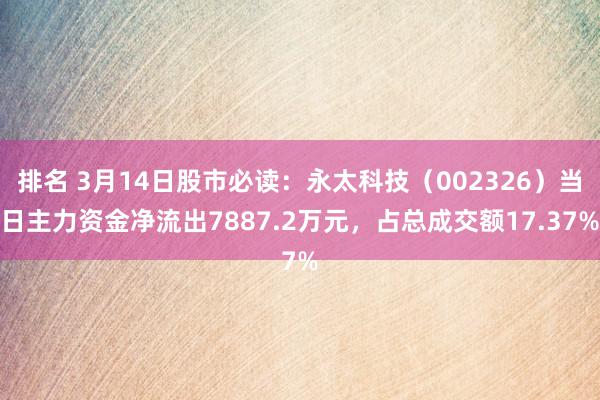 排名 3月14日股市必读：永太科技（002326）当日主力资金净流出7887.2万元，占总成交额17.37%